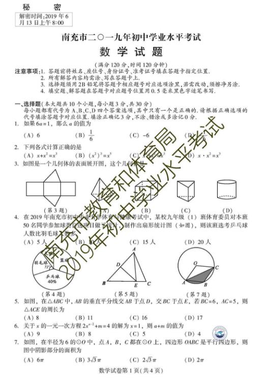 2019���Ĵ��ϳ��п���ѧ���⼰�𰸣��ѹ�����