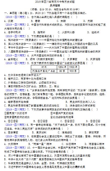 2019���Ĵ��ϳ��п���ʷ���⼰�𰸡��ѹ�����