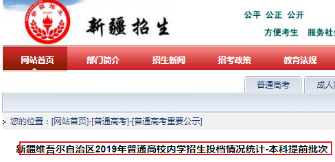 新疆2019年普通高校内学招生投档情况统计-本科提前批次