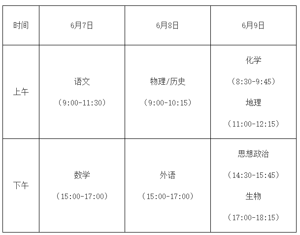 2021福建高考时间及科目安排