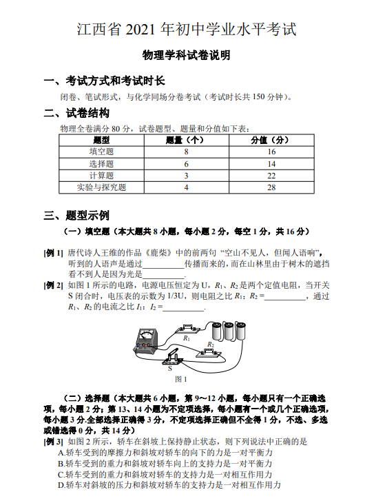 2021年江西中考物理学科试卷说明