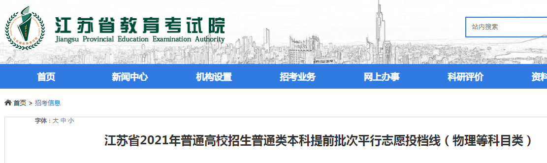 2021年江苏普通高校招生普通类本科提前批次平行志愿投档线（物理等科目类）