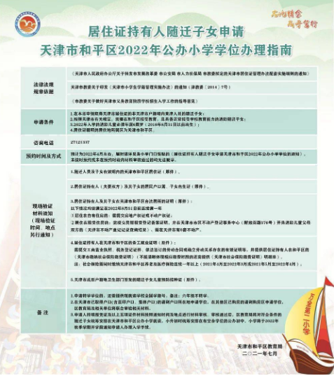 2022年天津市和平区居住证持有人随迁子女申请公办小开云kaiyun(中国)开云kaiyun(中国)位申请办理指南