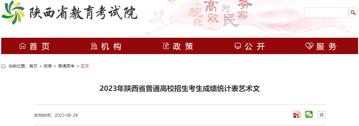 2023年陕西省普通高校招生考生成绩统计表（艺术文）