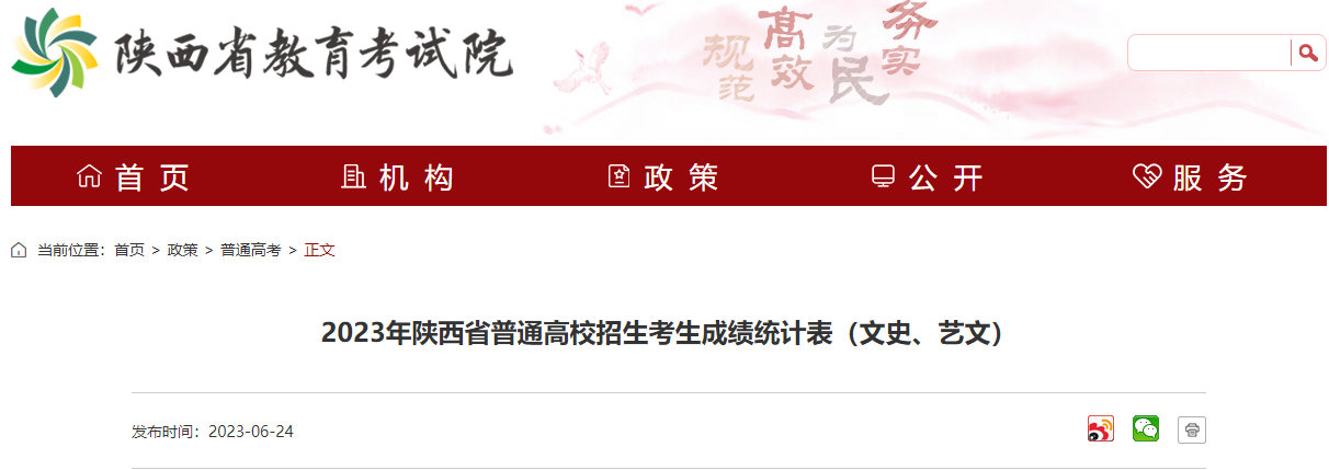 2023年陕西省普通高校招生考生成绩统计表（文史、艺文）