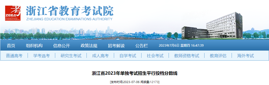 浙江省2023年单独考试招生平行投档分数线