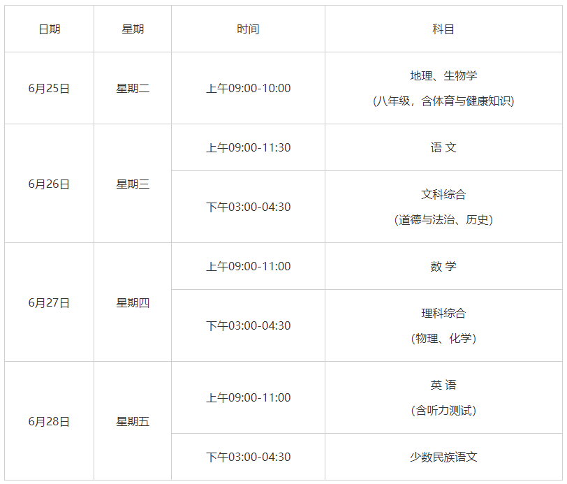 内蒙古锡林郭勒盟2024年中考时间及科目（6月26日-6月28日）