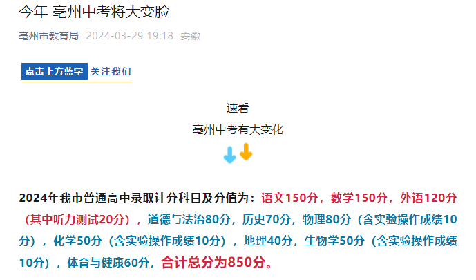 2024年安徽亳州中考将大变脸 中考总分为850分 中考时间6月14日-17日