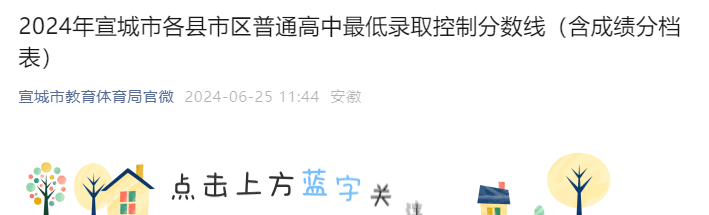 2024年安徽宣城市各县市区中考录取控制分数线公布（含成绩分档表）