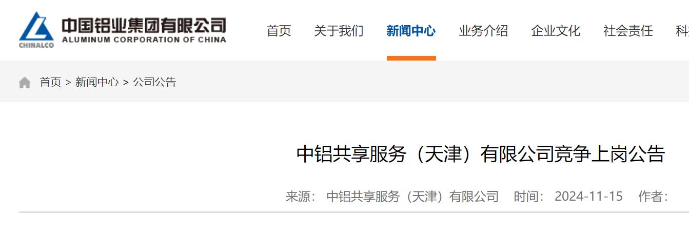 2024年中铝共享服务（天津）有限公司竞争上岗公告（11月22日截止报名）