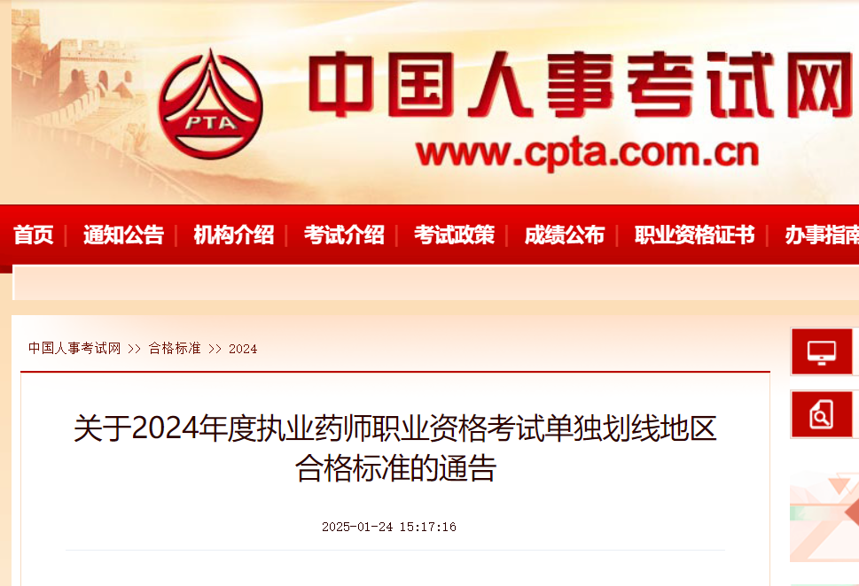 2024年执业药师职业资格考试单独划线地区合格标准分数线公布