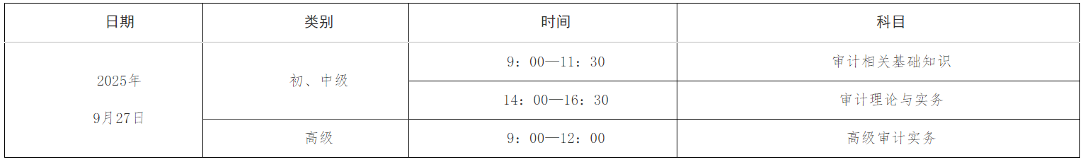 2025年湖北审计师考试时间及科目：9月27日