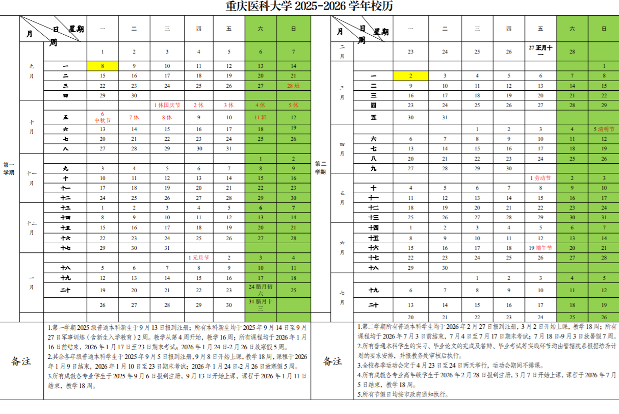 重庆医科大学2025-2026学年校历