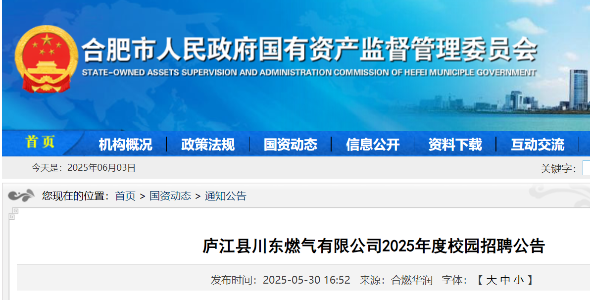 2025年度安徽合肥庐江县川东燃气有限公司校园招聘1人 6月6日前报名