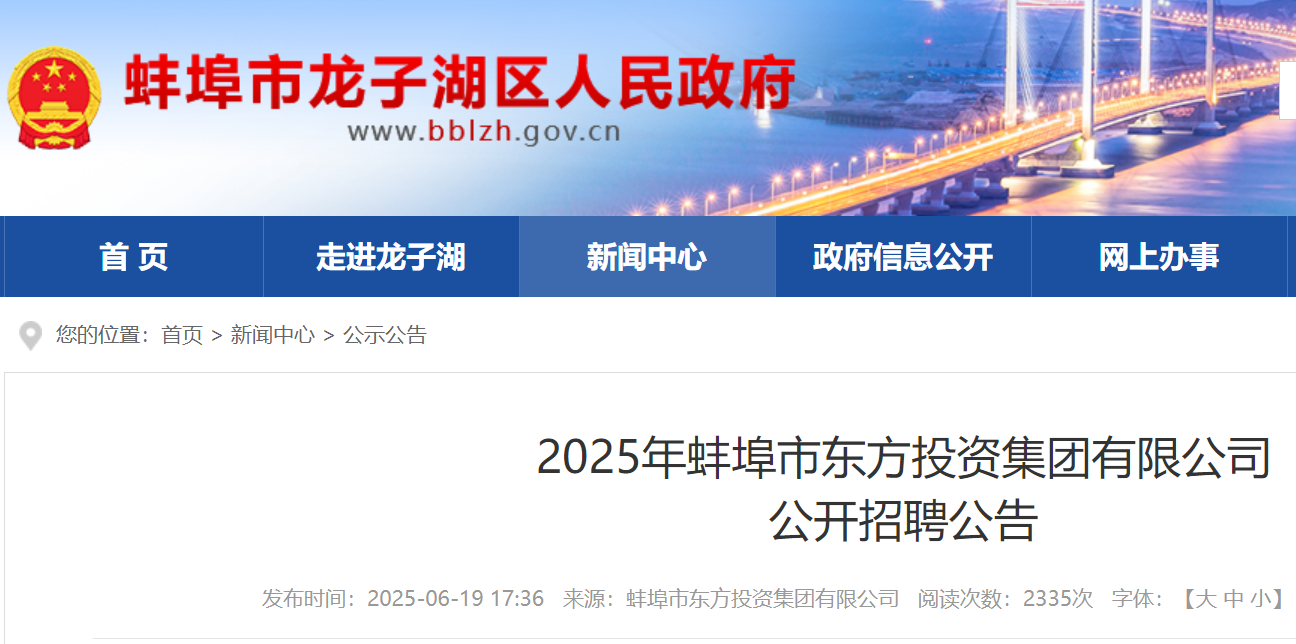 2025年安徽蚌埠市东方投资集团有限公司公开招聘14名 6月26日-30日报名