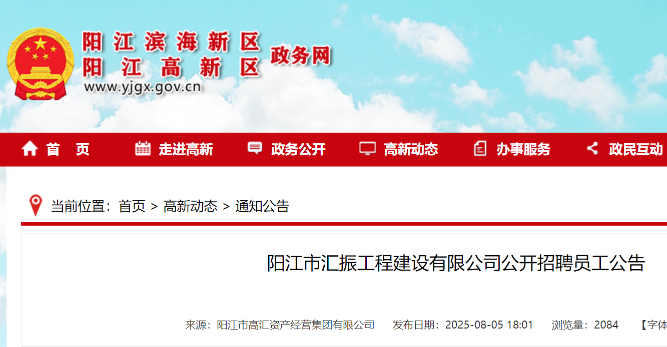 2025年广东阳江市汇振工程建设有限公司公开招聘员工11名 8月11日-18日报名