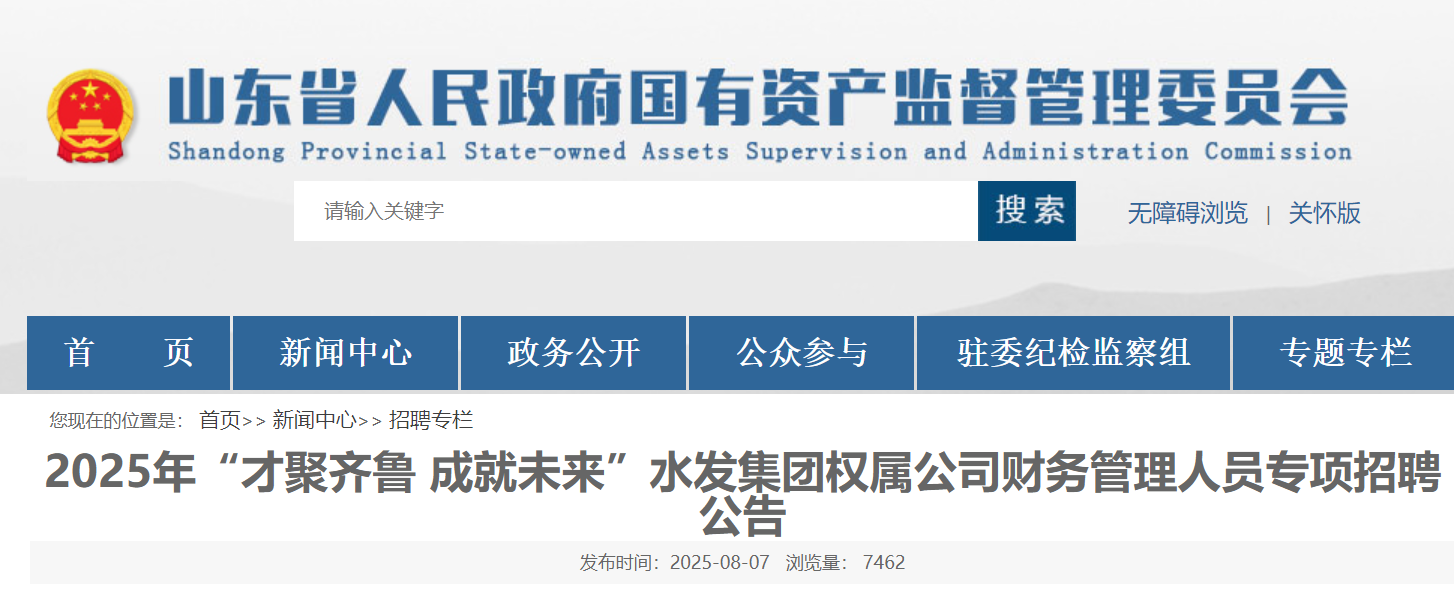 2025年山东省水发集团权属公司财务管理人员专项招聘公告（8月13日17：00前报名）