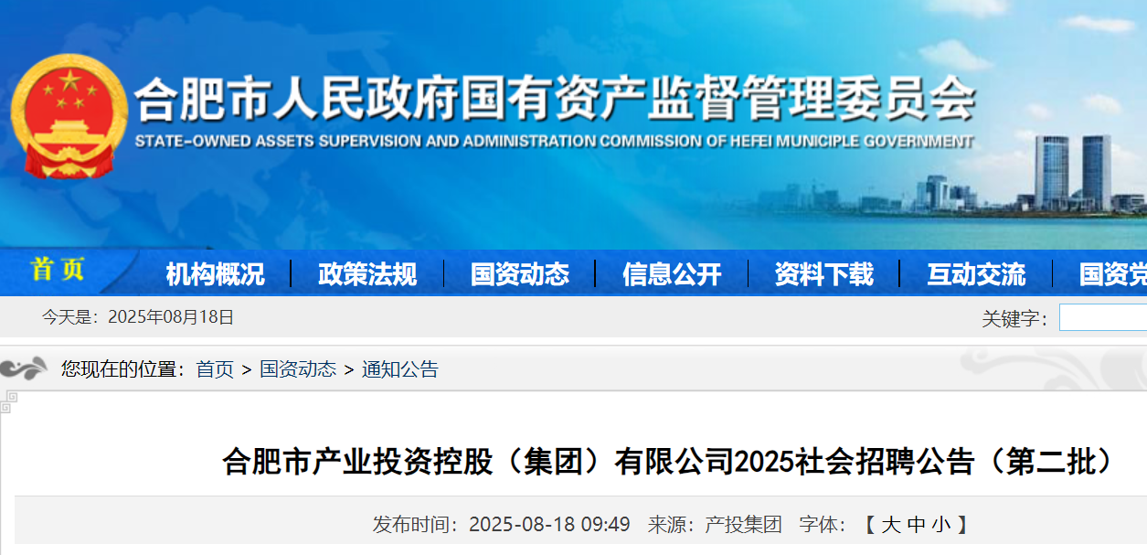 2025年安徽合肥市产业投资控股（集团）有限公司第二批社会招聘安全工程师1人