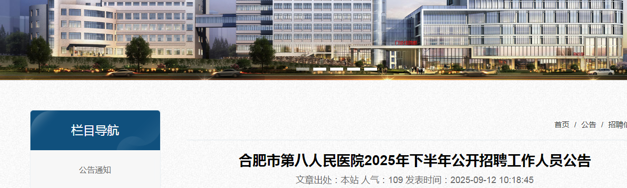 2025年下半年安徽合肥市第八人民医院公开招聘工作人员6名公告