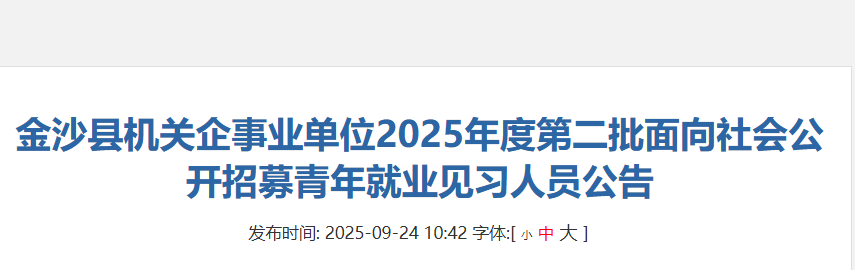 2025贵州毕节金沙县机关企事业单位第二批招募青年就业见习人员30人