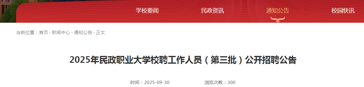 2025北京民政职业大开云kaiyun(中国)校聘工作人员（第三批）招聘2人公告