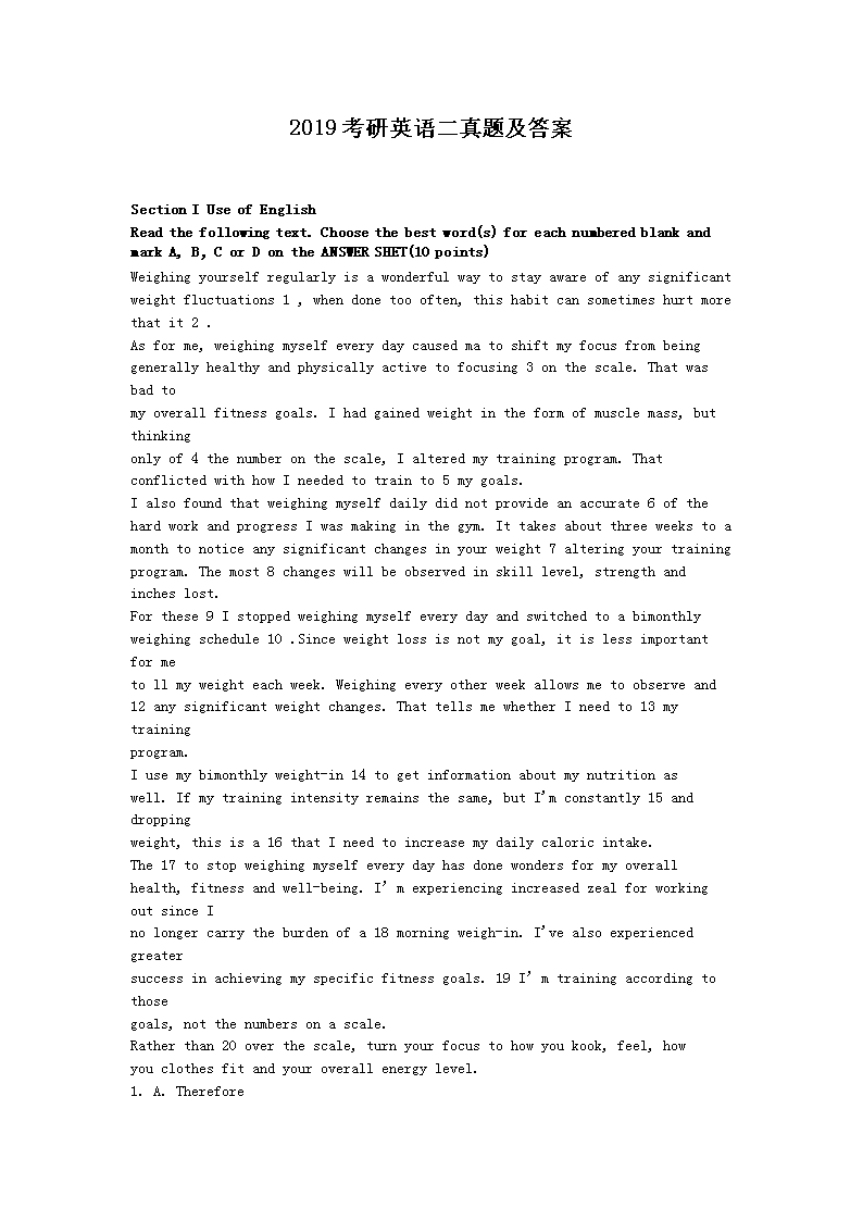 2019考研英语二真题及答案
