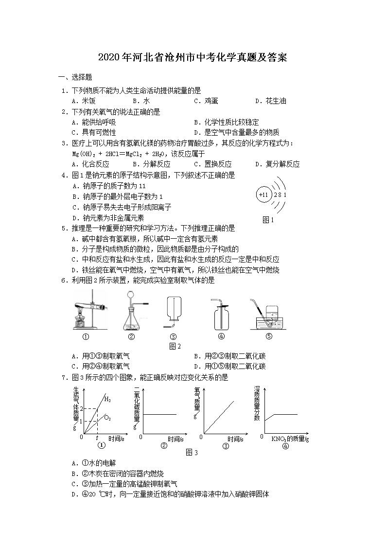 2020年河北省沧州市中考化学真题及答案