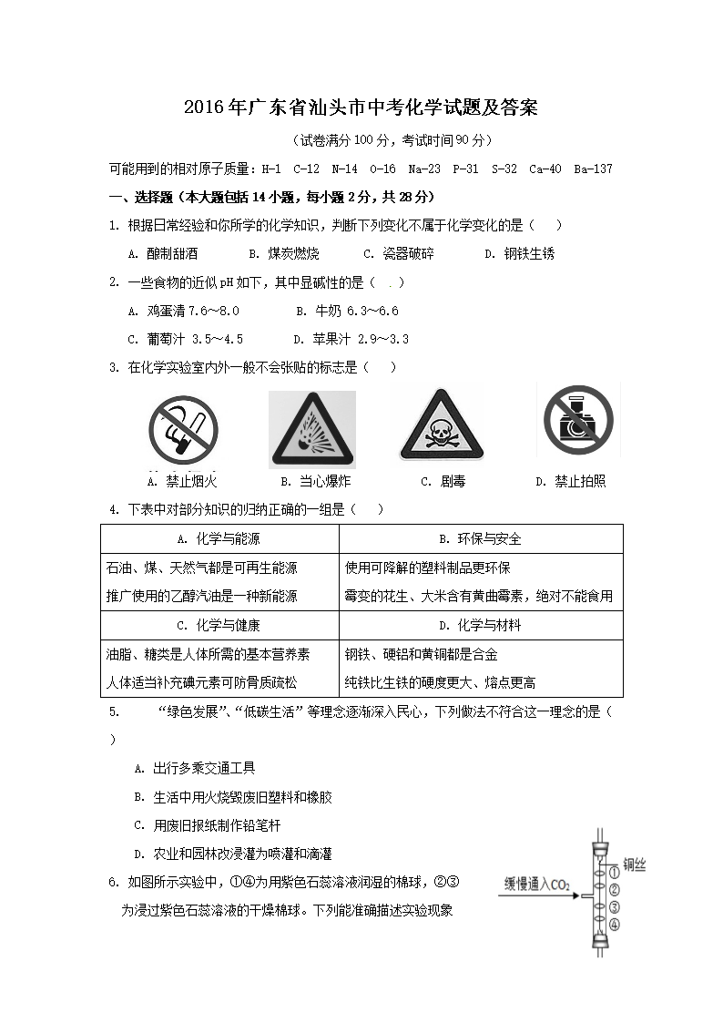 2016��㶫ʡ��ͷ���п���ѧ���⼰��