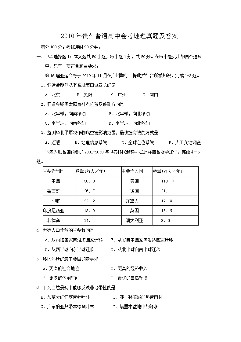 2010年贵州普通高中会考地理真题及答案