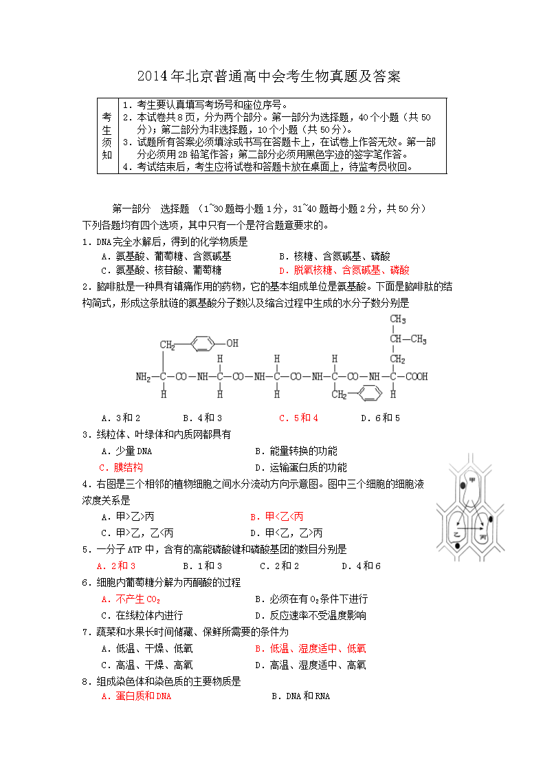 2014年北京普通高中会考生物真题及答案