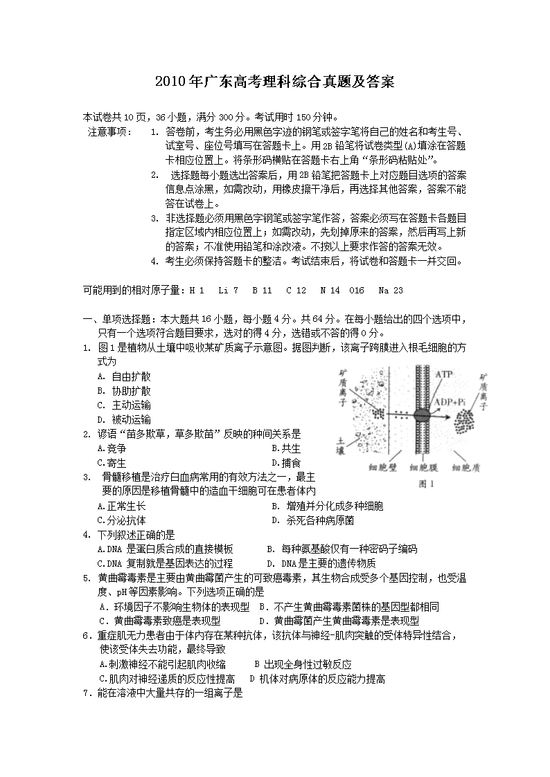 2010年广东高考理科综合真题及答案