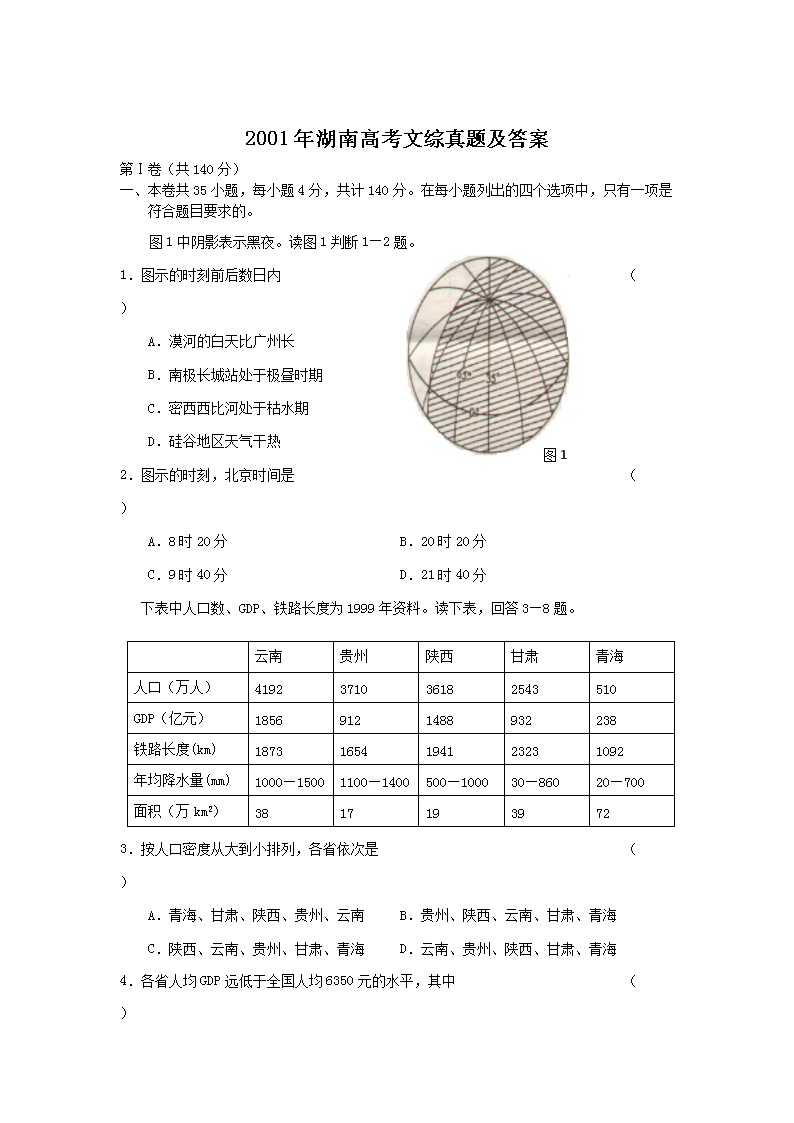 2001年湖南高考文综真题及答案