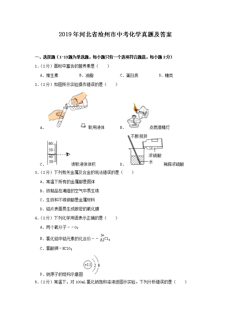 2019年河北省沧州市中考化学真题及答案