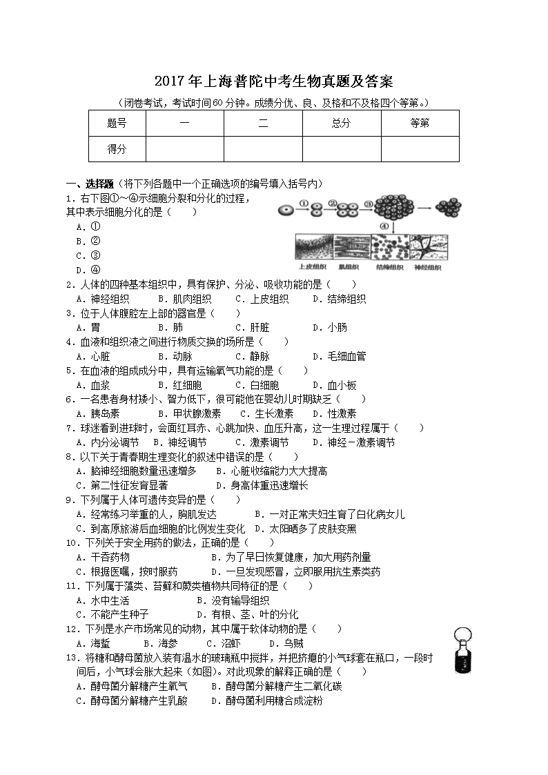 2017年上海普陀中考生物真题及答案
