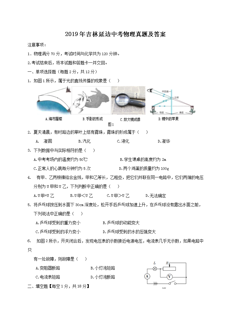 2019年吉林延边中考物理真题及答案