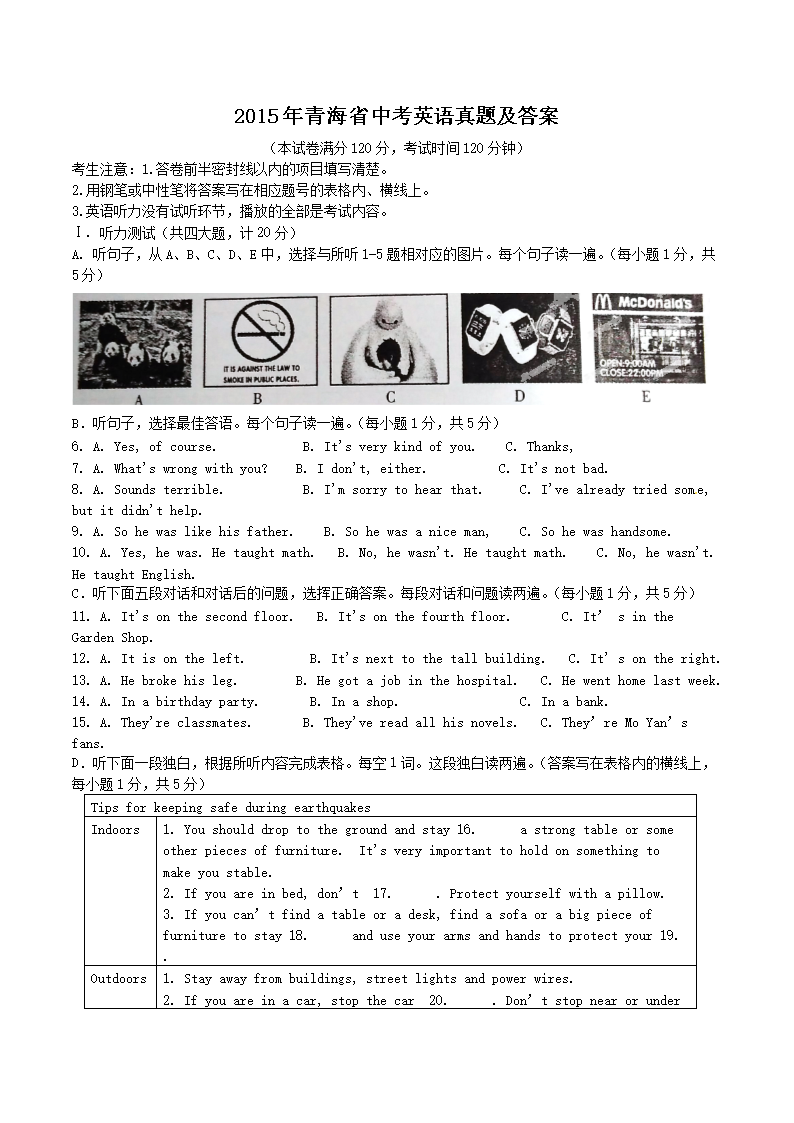 2015���ຣʡ�п�Ӣ�����⼰��