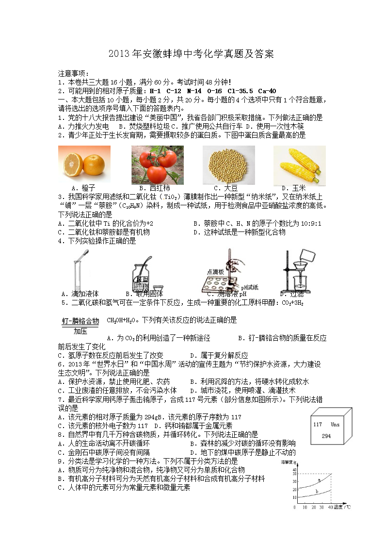 2013年安徽蚌埠中考化学真题及答案