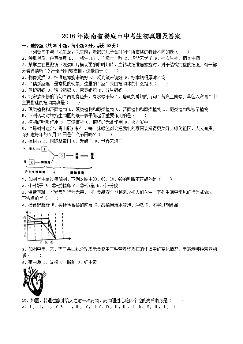 2016年湖南省娄底市中考生物真题及答案