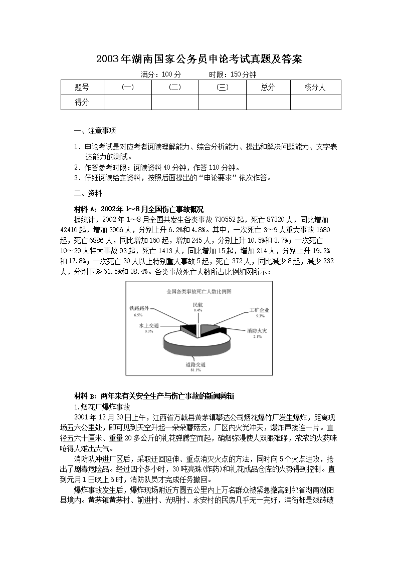 2003年湖南国家公务员申论考试真题及答案