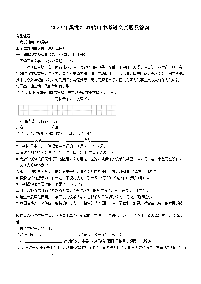 2023年黑龙江双鸭山中考语文真题及答案
