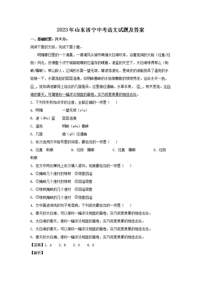 2023年山东济宁中考语文试题及答案