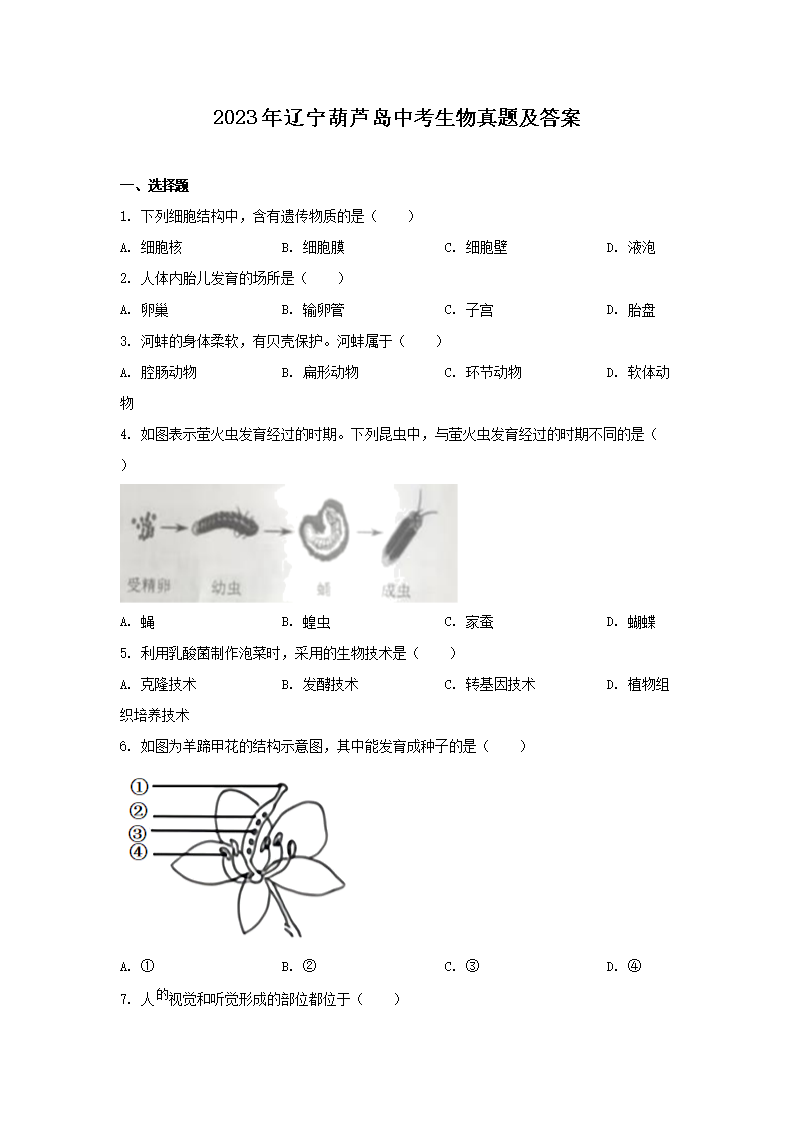 2023年辽宁葫芦岛中考生物真题及答案