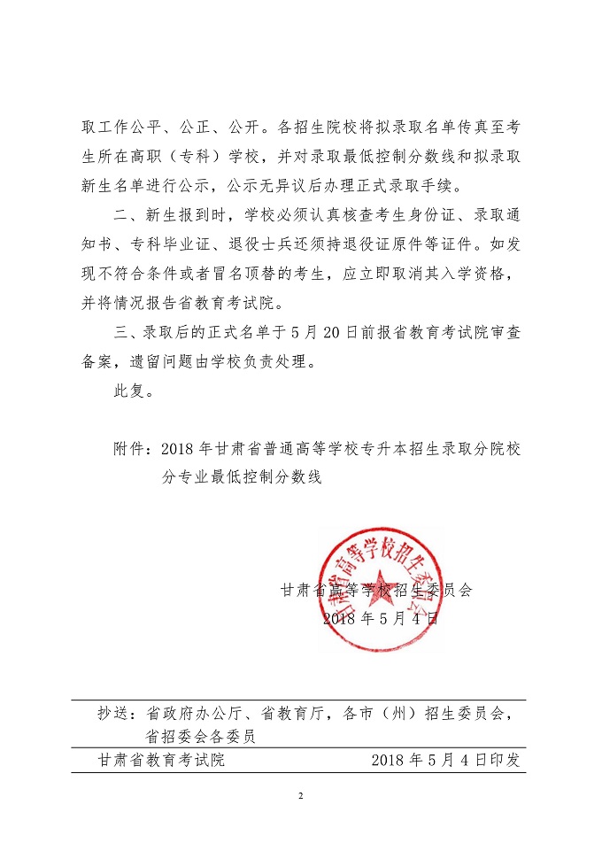 甘肃2018专升本招生录取低控制分数线