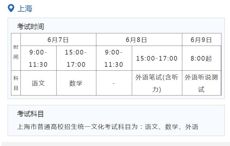 上海高考时间2021具体时间科目安排