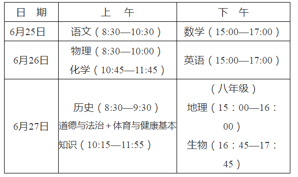 中考时间2021具体时间科目安排