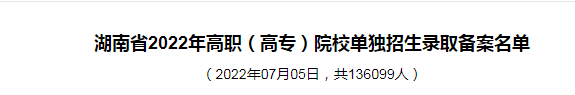 湖南2022年高职（高专）院校单独招生录取备案名单