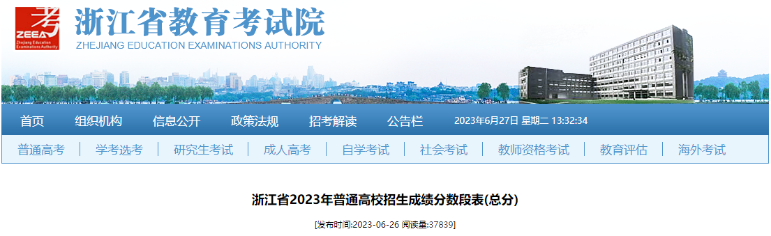 浙江省2023年普通高校招生成绩分数段表(总分) 浙江省2023年普通高校招生成绩分数段表(总分)