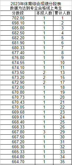 山东省2023年体育综合成绩分段表