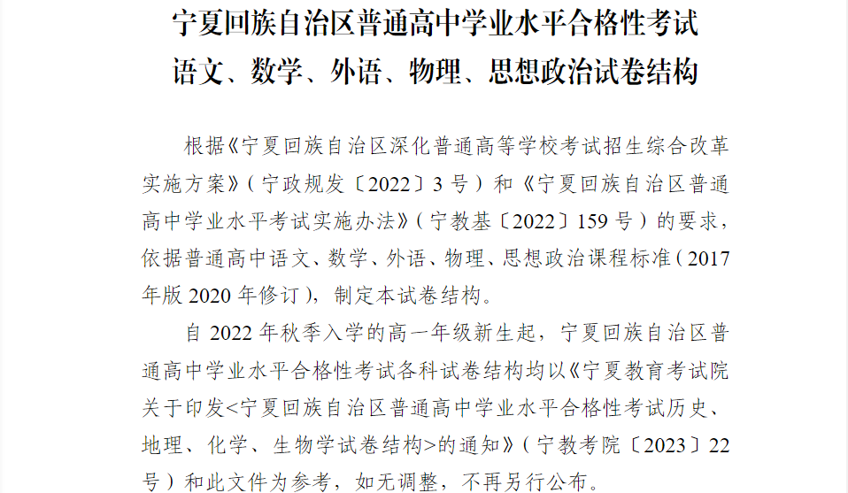 2023年关于印发《宁夏回族自治区普通高中学业水平合格性考试语文、数学、外语、物理、思想政治试卷结构》的通知.png