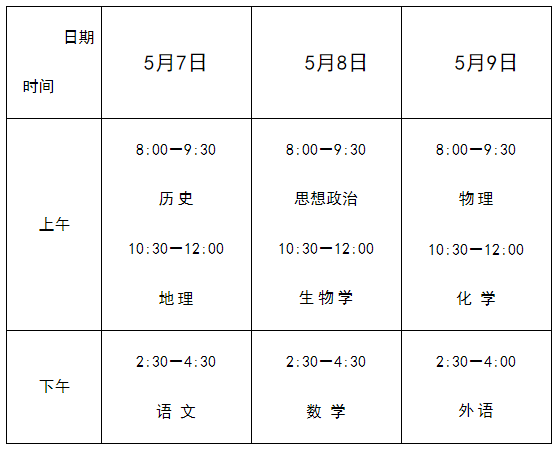 2024年上半年河北普通高中学业水平合格性考试时间：5月7日-9日